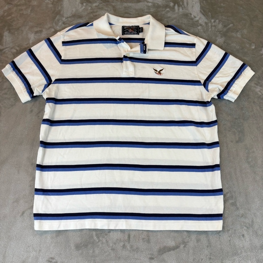 American Living Blue Stripe White Polo Shirt Top Mn’s XL